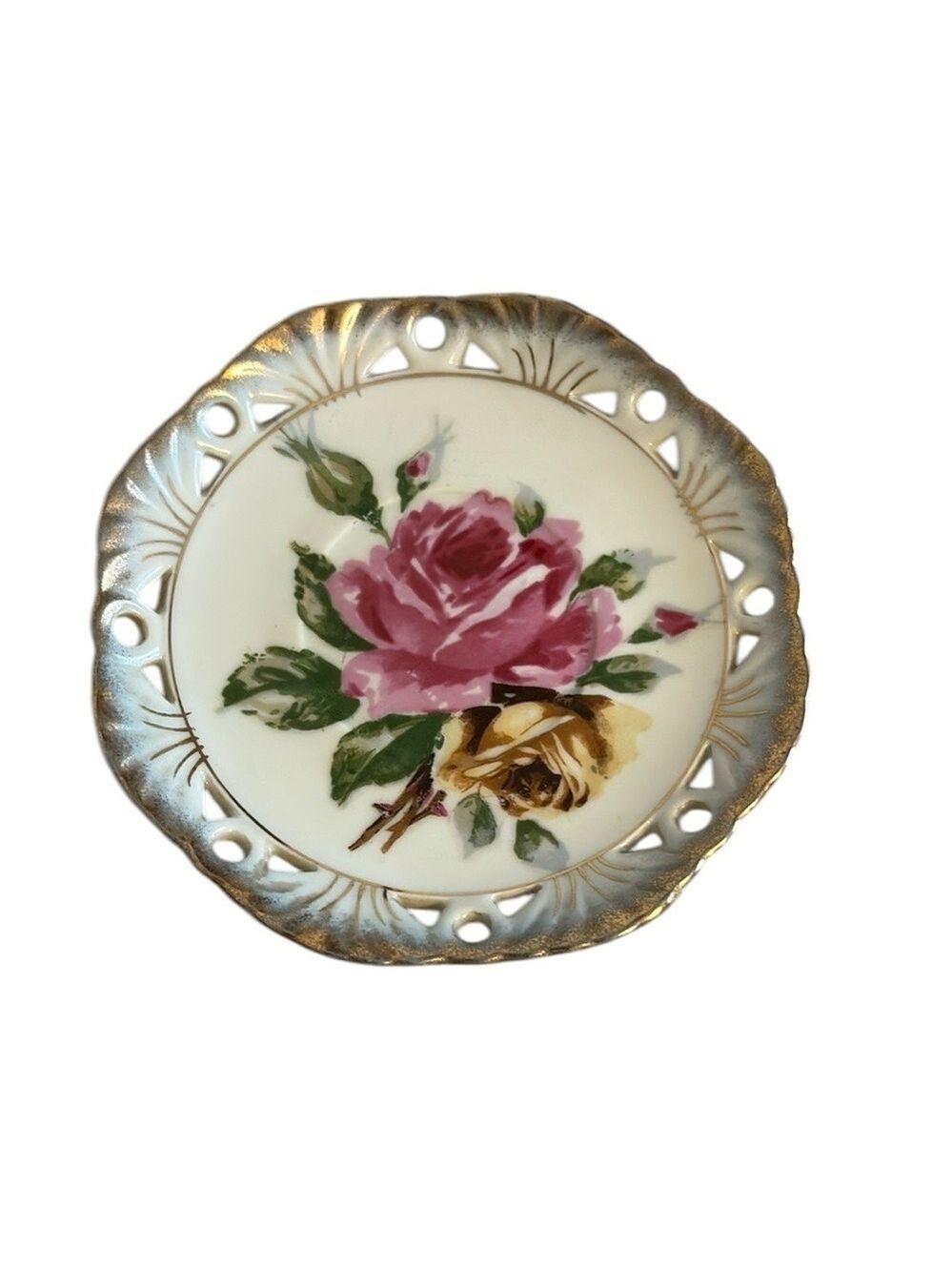Vintage Lefton China Reticulated Saucer Handpainted Roses Gold Trim 6”